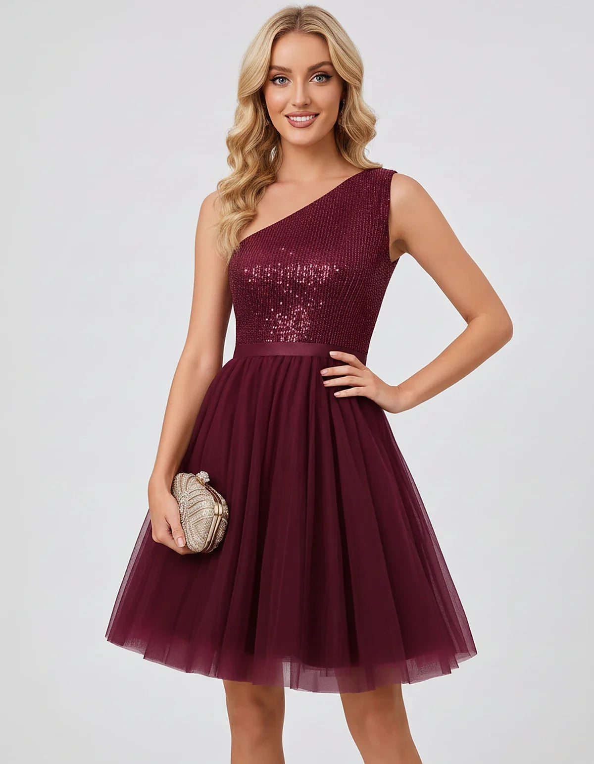 Sequin One-Shoulder Sleeveless A-Line Mini Dress with Layered Tulle for Homecoming, Graduation, Cocktail, Party, Evening & We | SKU: CMD-583917462850174-BURGUNDY-L,CMD-583917462850174-BURGUNDY-M,CMD-583917462850174-BURGUNDY-S,CMD-583917462850174-BURGUNDY-XL,CMD-583917462850174-BURGUNDY-XS