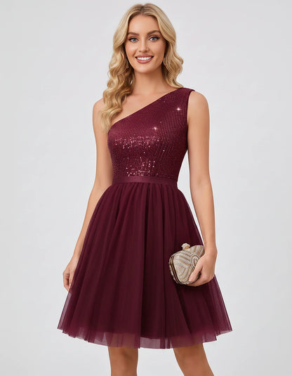 Sequin One-Shoulder Sleeveless A-Line Mini Dress with Layered Tulle for Homecoming, Graduation, Cocktail, Party, Evening & We | SKU: CMD-583917462850174-BURGUNDY-L,CMD-583917462850174-BURGUNDY-M,CMD-583917462850174-BURGUNDY-S,CMD-583917462850174-BURGUNDY-XL,CMD-583917462850174-BURGUNDY-XS