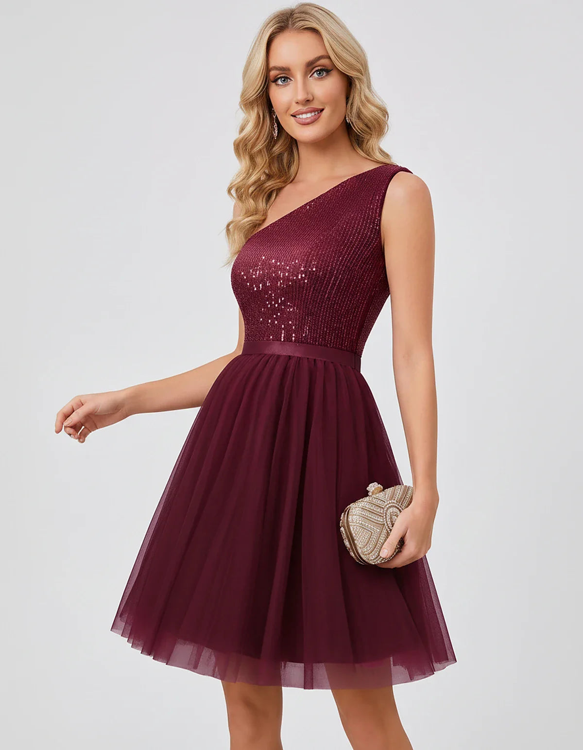 Sequin One-Shoulder Sleeveless A-Line Mini Dress with Layered Tulle for Homecoming, Graduation, Cocktail, Party, Evening & We | SKU: CMD-583917462850174-BURGUNDY-L,CMD-583917462850174-BURGUNDY-M,CMD-583917462850174-BURGUNDY-S,CMD-583917462850174-BURGUNDY-XL,CMD-583917462850174-BURGUNDY-XS