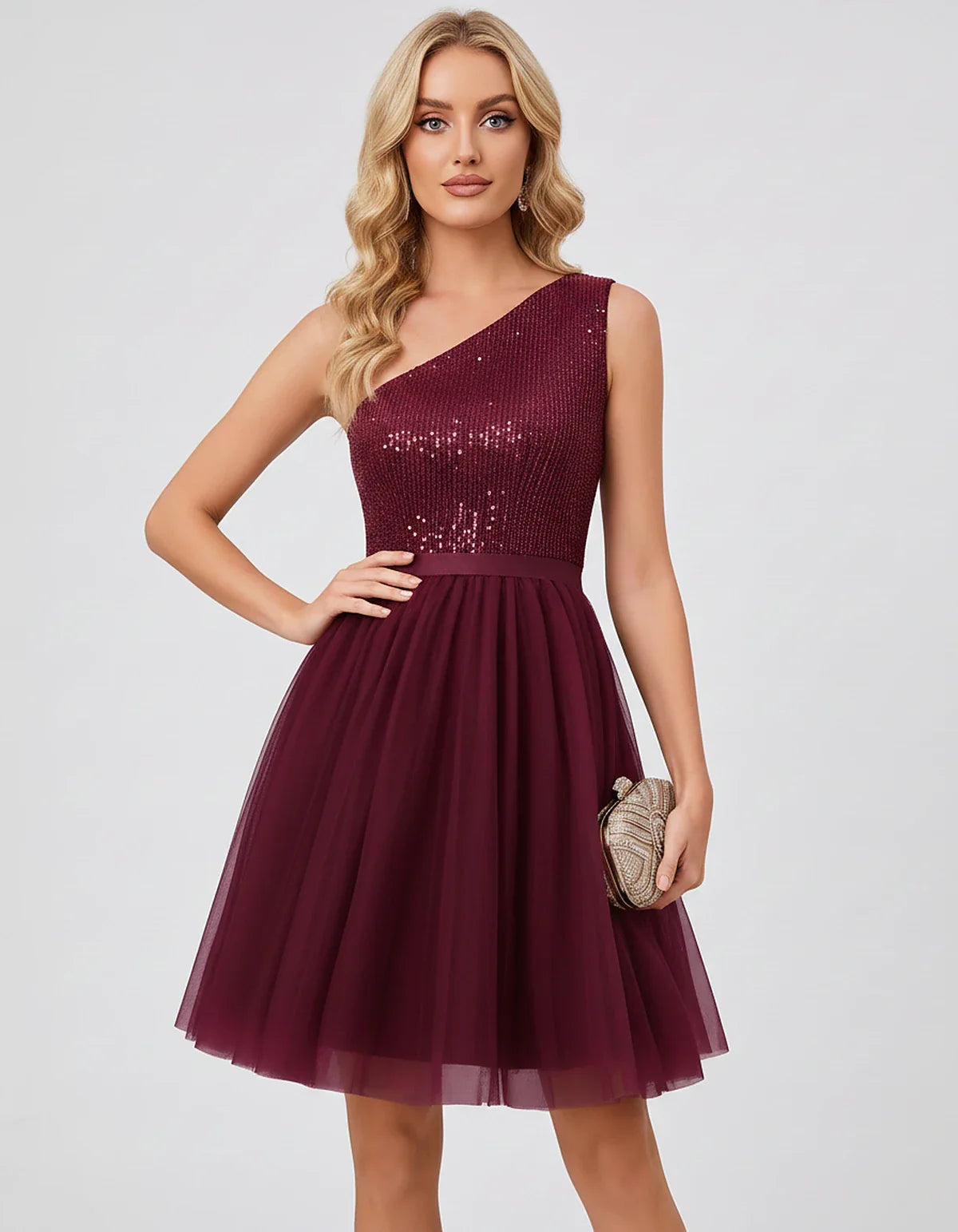 Sequin One-Shoulder Sleeveless A-Line Mini Dress with Layered Tulle for Homecoming, Graduation, Cocktail, Party, Evening & We | SKU: CMD-583917462850174-BURGUNDY-L,CMD-583917462850174-BURGUNDY-M,CMD-583917462850174-BURGUNDY-S,CMD-583917462850174-BURGUNDY-XL,CMD-583917462850174-BURGUNDY-XS