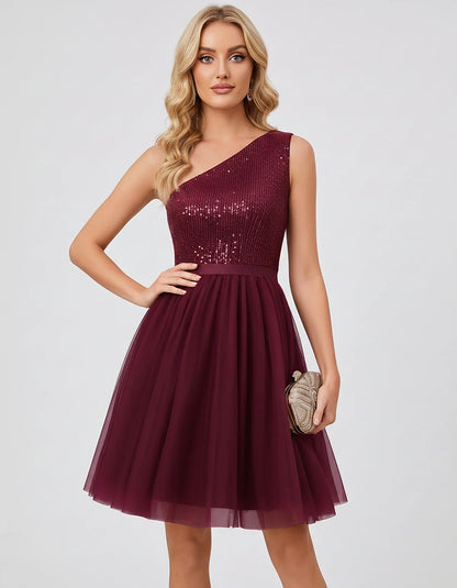 Sequin One-Shoulder Sleeveless A-Line Mini Dress with Layered Tulle for Homecoming, Graduation, Cocktail, Party, Evening & We | SKU: CMD-583917462850174-BURGUNDY-L,CMD-583917462850174-BURGUNDY-M,CMD-583917462850174-BURGUNDY-S,CMD-583917462850174-BURGUNDY-XL,CMD-583917462850174-BURGUNDY-XS