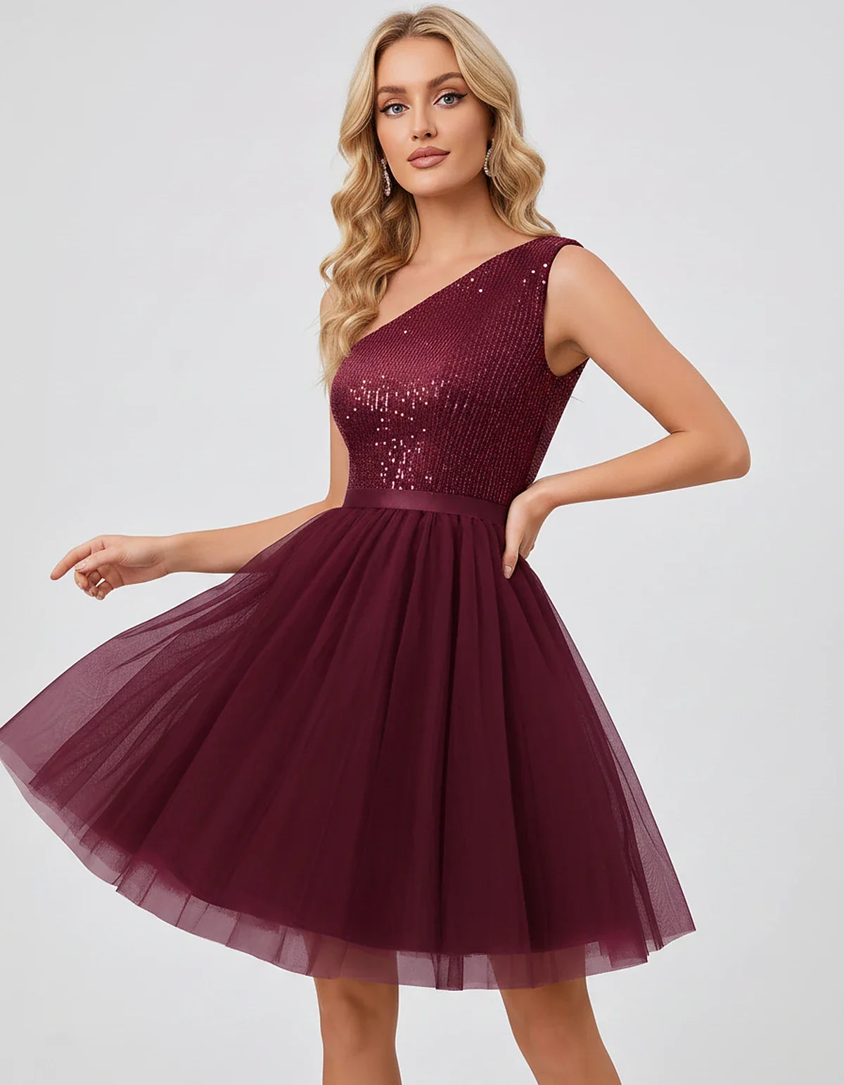 Sequin One-Shoulder Sleeveless A-Line Mini Dress with Layered Tulle for Homecoming, Graduation, Cocktail, Party, Evening & We | SKU: CMD-583917462850174-BURGUNDY-L,CMD-583917462850174-BURGUNDY-M,CMD-583917462850174-BURGUNDY-S,CMD-583917462850174-BURGUNDY-XL,CMD-583917462850174-BURGUNDY-XS