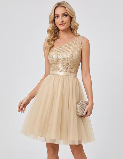 Sequin One-Shoulder Sleeveless A-Line Mini Dress with Layered Tulle for Homecoming, Graduation, Cocktail, Party, Evening & We | SKU: CMD-583917462850174-CHAMPAGNE-L,CMD-583917462850174-CHAMPAGNE-M,CMD-583917462850174-CHAMPAGNE-S,CMD-583917462850174-CHAMPAGNE-XL,CMD-583917462850174-CHAMPAGNE-XS