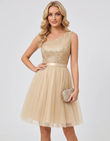 Sequin One-Shoulder Sleeveless A-Line Mini Dress with Layered Tulle for Homecoming, Graduation, Cocktail, Party, Evening & We | SKU: CMD-583917462850174-CHAMPAGNE-L,CMD-583917462850174-CHAMPAGNE-M,CMD-583917462850174-CHAMPAGNE-S,CMD-583917462850174-CHAMPAGNE-XL,CMD-583917462850174-CHAMPAGNE-XS