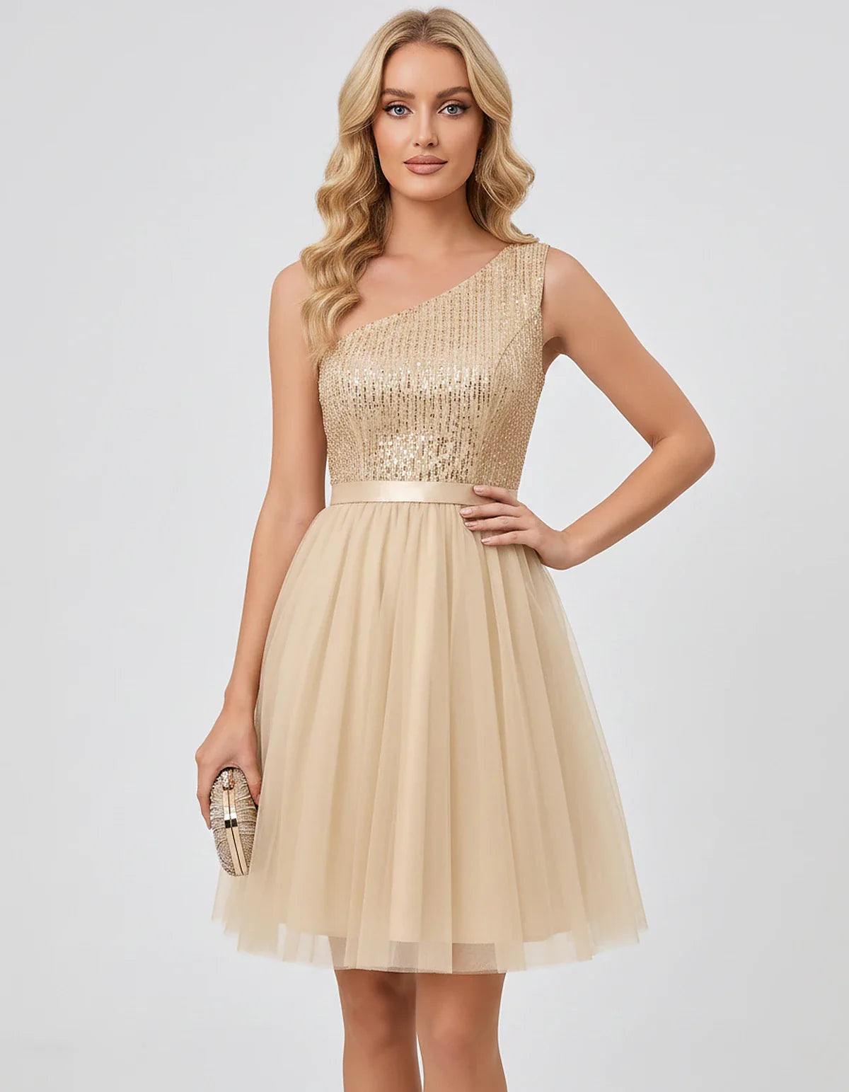 Sequin One-Shoulder Sleeveless A-Line Mini Dress with Layered Tulle for Homecoming, Graduation, Cocktail, Party, Evening & We | SKU: CMD-583917462850174-CHAMPAGNE-L,CMD-583917462850174-CHAMPAGNE-M,CMD-583917462850174-CHAMPAGNE-S,CMD-583917462850174-CHAMPAGNE-XL,CMD-583917462850174-CHAMPAGNE-XS
