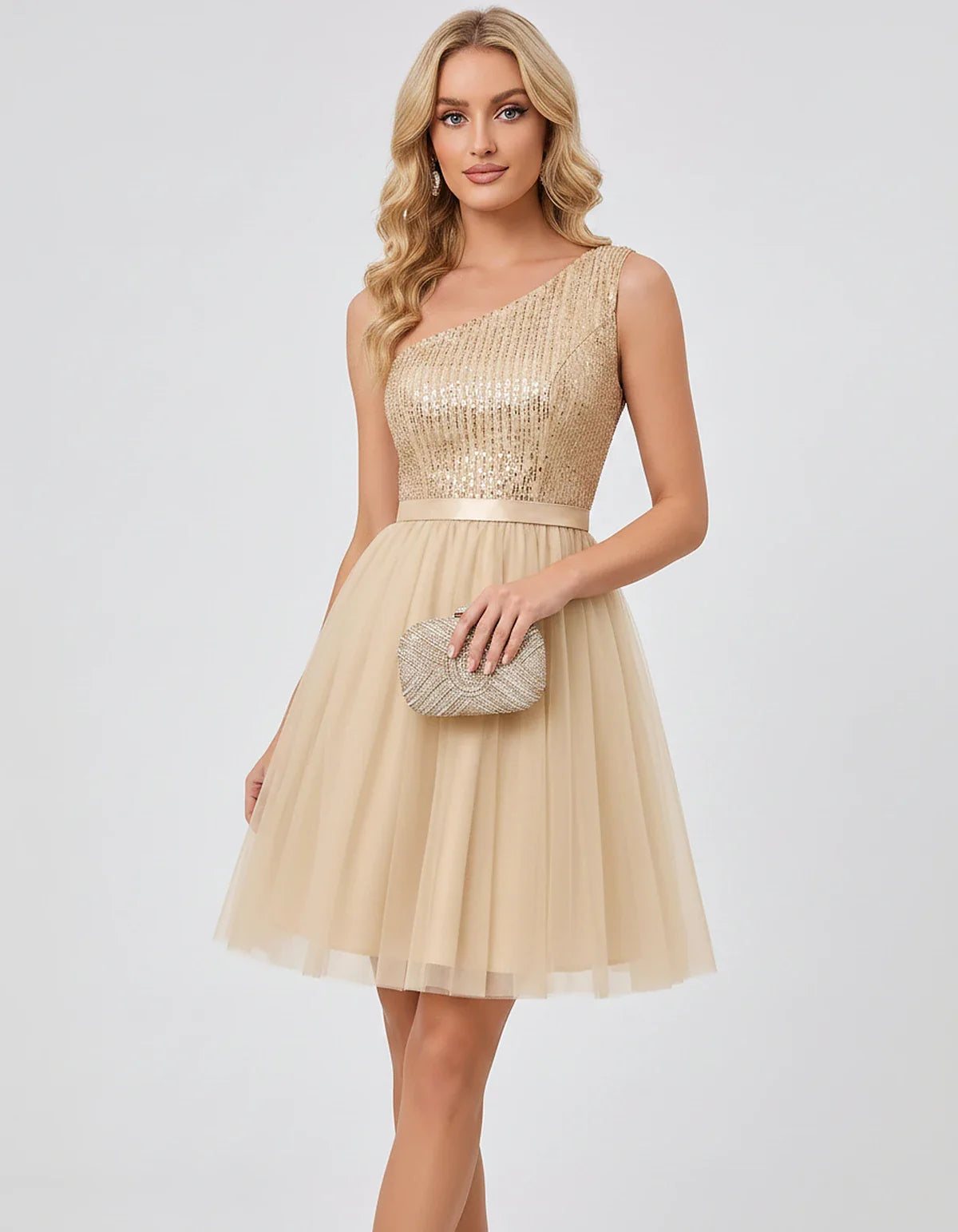 Sequin One-Shoulder Sleeveless A-Line Mini Dress with Layered Tulle for Homecoming, Graduation, Cocktail, Party, Evening & We | SKU: CMD-583917462850174-CHAMPAGNE-L,CMD-583917462850174-CHAMPAGNE-M,CMD-583917462850174-CHAMPAGNE-S,CMD-583917462850174-CHAMPAGNE-XL,CMD-583917462850174-CHAMPAGNE-XS