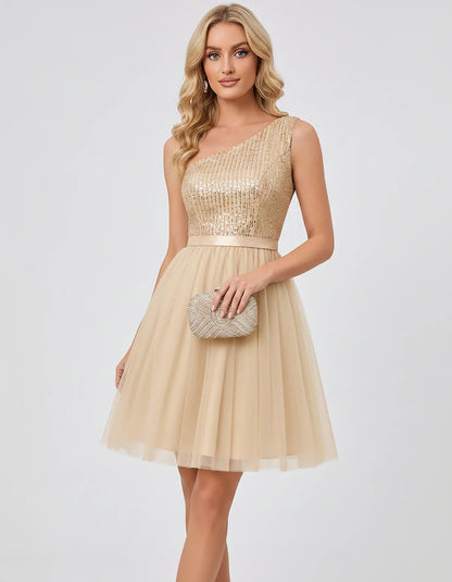 Sequin One-Shoulder Sleeveless A-Line Mini Dress with Layered Tulle for Homecoming, Graduation, Cocktail, Party, Evening & We | SKU: CMD-583917462850174-CHAMPAGNE-L,CMD-583917462850174-CHAMPAGNE-M,CMD-583917462850174-CHAMPAGNE-S,CMD-583917462850174-CHAMPAGNE-XL,CMD-583917462850174-CHAMPAGNE-XS