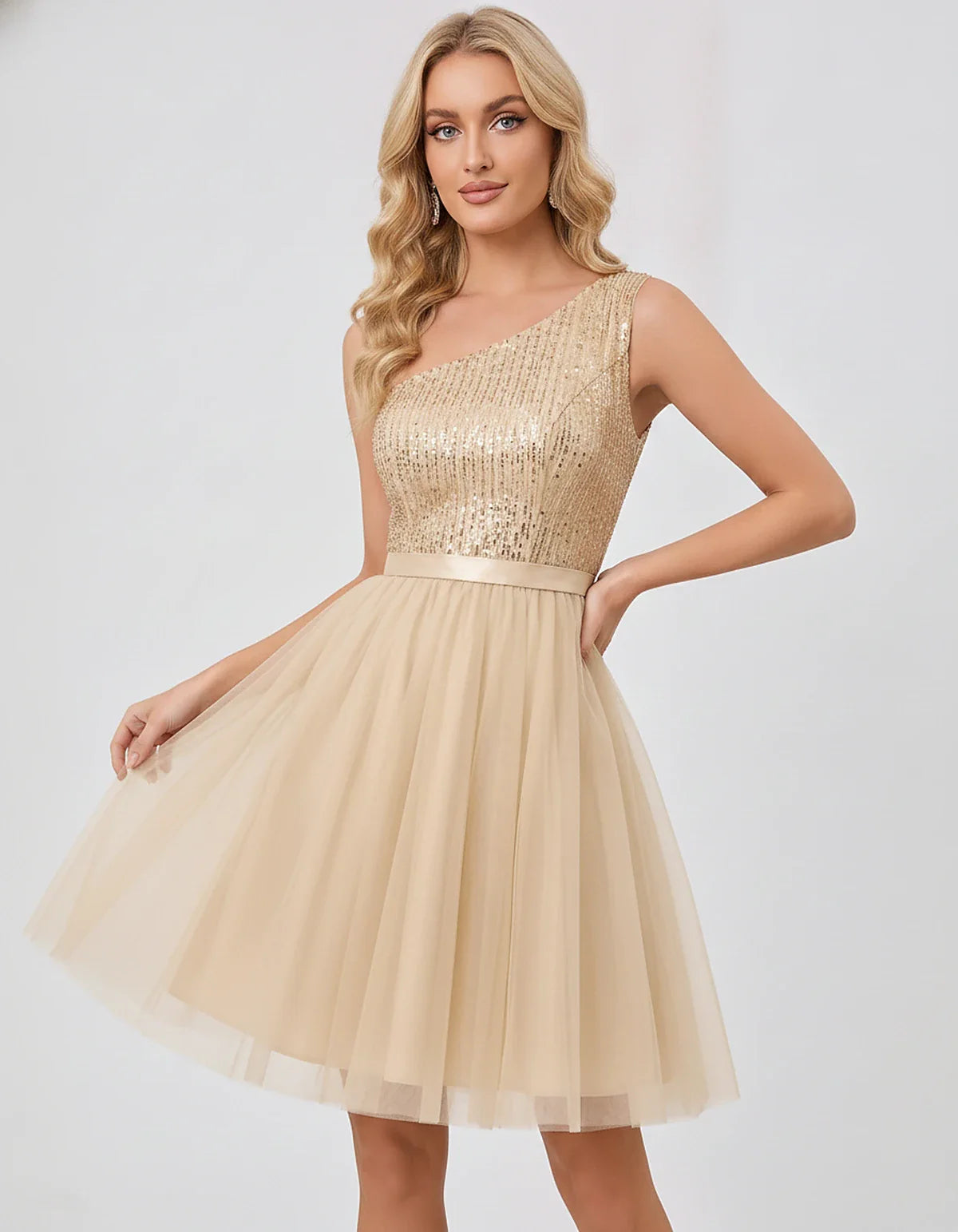 Sequin One-Shoulder Sleeveless A-Line Mini Dress with Layered Tulle for Homecoming, Graduation, Cocktail, Party, Evening & We | SKU: CMD-583917462850174-CHAMPAGNE-L,CMD-583917462850174-CHAMPAGNE-M,CMD-583917462850174-CHAMPAGNE-S,CMD-583917462850174-CHAMPAGNE-XL,CMD-583917462850174-CHAMPAGNE-XS
