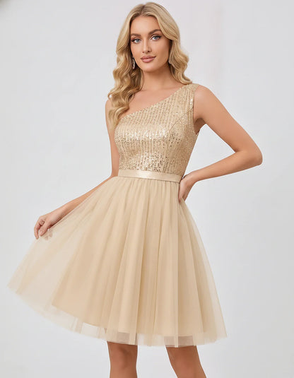 Sequin One-Shoulder Sleeveless A-Line Mini Dress with Layered Tulle for Homecoming, Graduation, Cocktail, Party, Evening & We | SKU: CMD-583917462850174-CHAMPAGNE-L,CMD-583917462850174-CHAMPAGNE-M,CMD-583917462850174-CHAMPAGNE-S,CMD-583917462850174-CHAMPAGNE-XL,CMD-583917462850174-CHAMPAGNE-XS