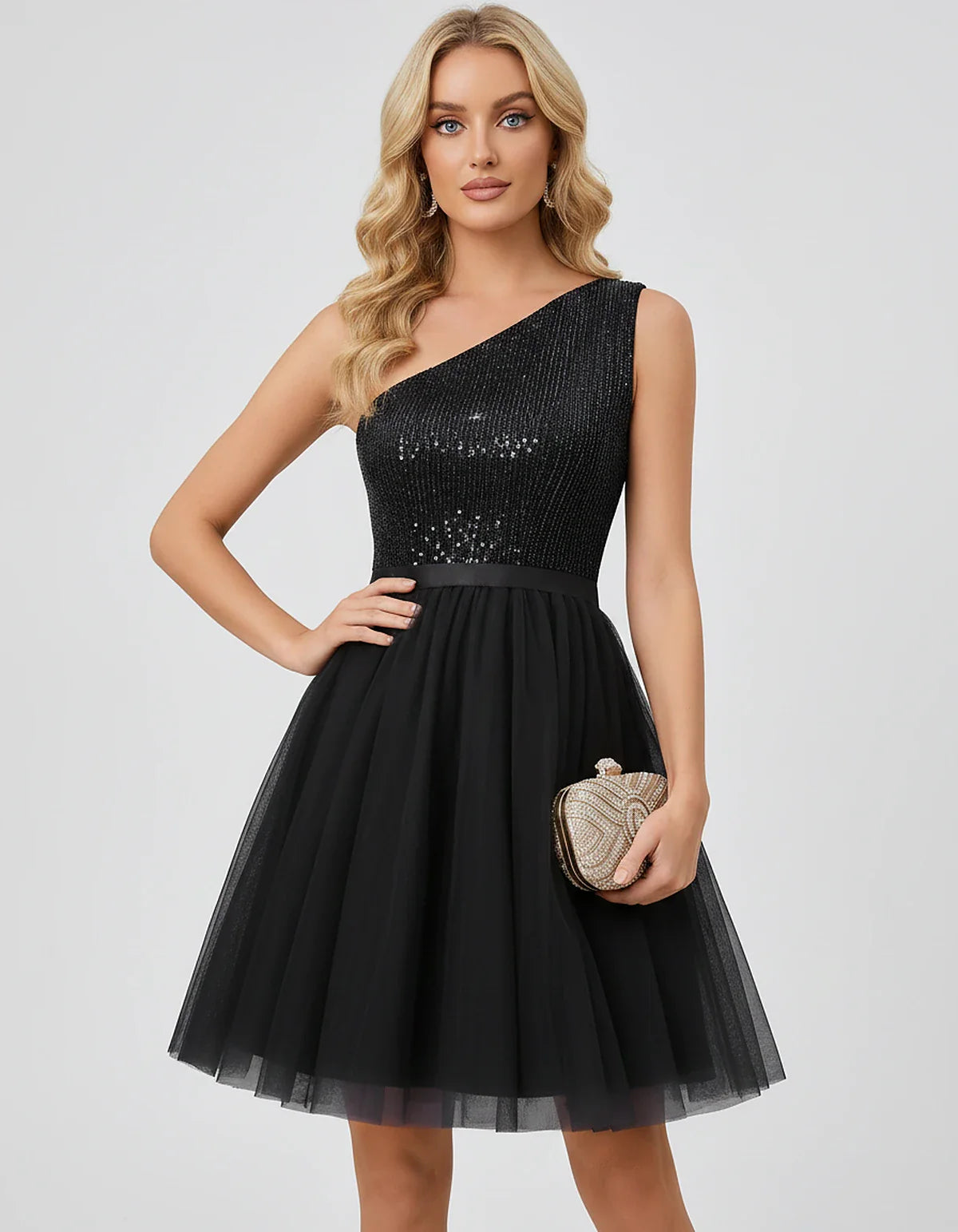 Sequin One-Shoulder Sleeveless A-Line Mini Dress with Layered Tulle for Homecoming, Graduation, Cocktail, Party, Evening & We | SKU: CMD-583917462850174-BLACK-L,CMD-583917462850174-BLACK-M,CMD-583917462850174-BLACK-S,CMD-583917462850174-BLACK-XL,CMD-583917462850174-BLACK-XS