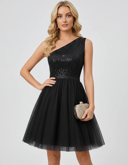 Sequin One-Shoulder Sleeveless A-Line Mini Dress with Layered Tulle for Homecoming, Graduation, Cocktail, Party, Evening & We | SKU: CMD-583917462850174-BLACK-L,CMD-583917462850174-BLACK-M,CMD-583917462850174-BLACK-S,CMD-583917462850174-BLACK-XL,CMD-583917462850174-BLACK-XS