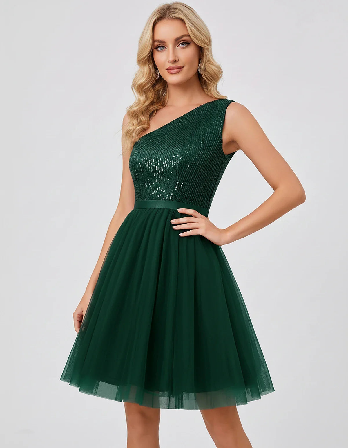 Sequin One-Shoulder Sleeveless A-Line Mini Dress with Layered Tulle for Homecoming, Graduation, Cocktail, Party, Evening & We | SKU: CMD-583917462850174-GREEN-L,CMD-583917462850174-GREEN-M,CMD-583917462850174-GREEN-S,CMD-583917462850174-GREEN-XL,CMD-583917462850174-GREEN-XS