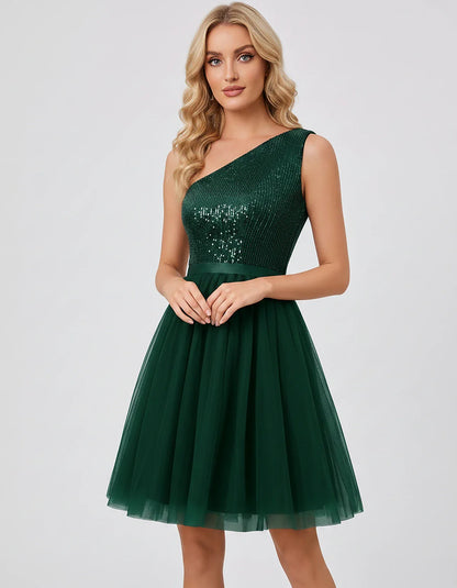 Sequin One-Shoulder Sleeveless A-Line Mini Dress with Layered Tulle for Homecoming, Graduation, Cocktail, Party, Evening & We | SKU: CMD-583917462850174-GREEN-L,CMD-583917462850174-GREEN-M,CMD-583917462850174-GREEN-S,CMD-583917462850174-GREEN-XL,CMD-583917462850174-GREEN-XS