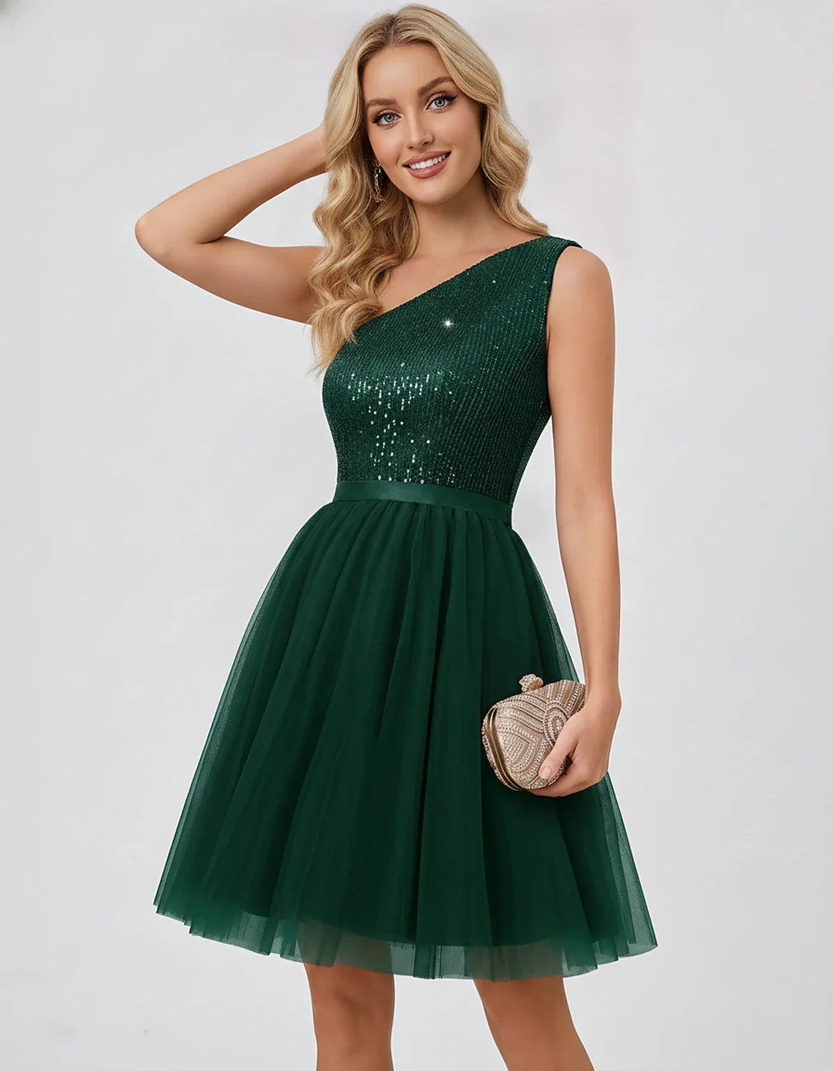 Sequin One-Shoulder Sleeveless A-Line Mini Dress with Layered Tulle for Homecoming, Graduation, Cocktail, Party, Evening & We | SKU: CMD-583917462850174-GREEN-L,CMD-583917462850174-GREEN-M,CMD-583917462850174-GREEN-S,CMD-583917462850174-GREEN-XL,CMD-583917462850174-GREEN-XS