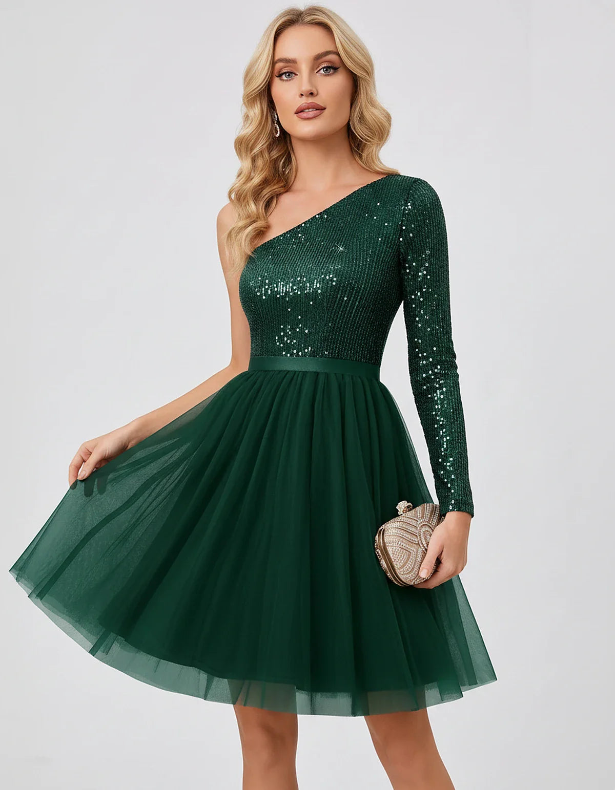 Sequin One-Shoulder Sleeveless A-Line Mini Dress with Layered Tulle for Homecoming, Graduation, Cocktail, Party, Evening & We | SKU: CMD-583917462850174-GREEN-L,CMD-583917462850174-GREEN-M,CMD-583917462850174-GREEN-S,CMD-583917462850174-GREEN-XL,CMD-583917462850174-GREEN-XS