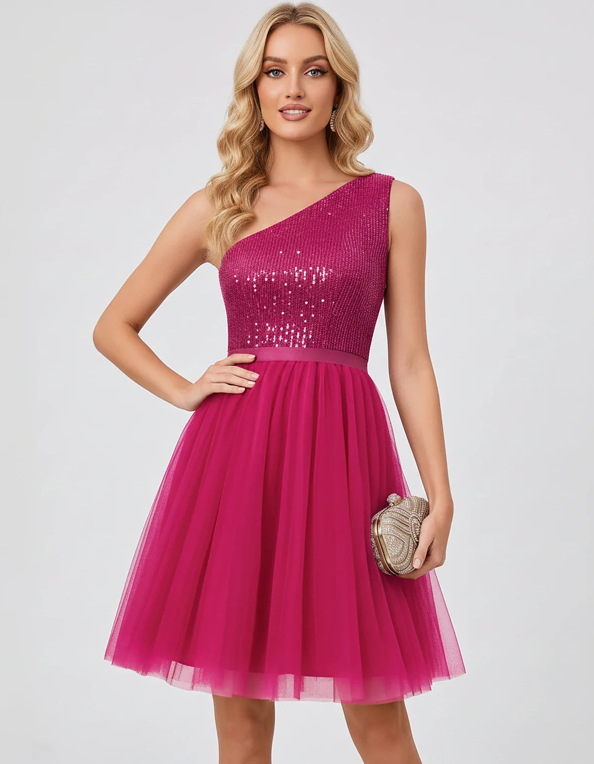 Sequin One-Shoulder Sleeveless A-Line Mini Dress with Layered Tulle for Homecoming, Graduation, Cocktail, Party, Evening & We | SKU: CMD-583917462850174-HOTPINK-L,CMD-583917462850174-HOTPINK-M,CMD-583917462850174-HOTPINK-S,CMD-583917462850174-HOTPINK-XL,CMD-583917462850174-HOTPINK-XS