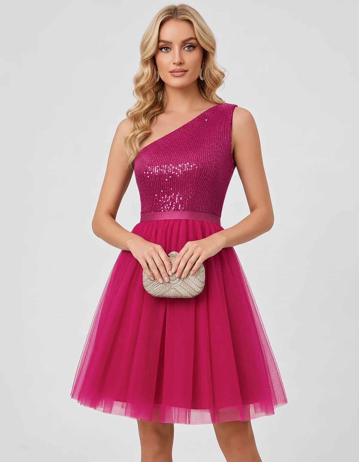 Sequin One-Shoulder Sleeveless A-Line Mini Dress with Layered Tulle for Homecoming, Graduation, Cocktail, Party, Evening & We | SKU: CMD-583917462850174-HOTPINK-L,CMD-583917462850174-HOTPINK-M,CMD-583917462850174-HOTPINK-S,CMD-583917462850174-HOTPINK-XL,CMD-583917462850174-HOTPINK-XS