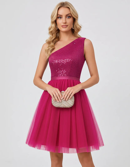 Sequin One-Shoulder Sleeveless A-Line Mini Dress with Layered Tulle for Homecoming, Graduation, Cocktail, Party, Evening & We | SKU: CMD-583917462850174-HOTPINK-L,CMD-583917462850174-HOTPINK-M,CMD-583917462850174-HOTPINK-S,CMD-583917462850174-HOTPINK-XL,CMD-583917462850174-HOTPINK-XS