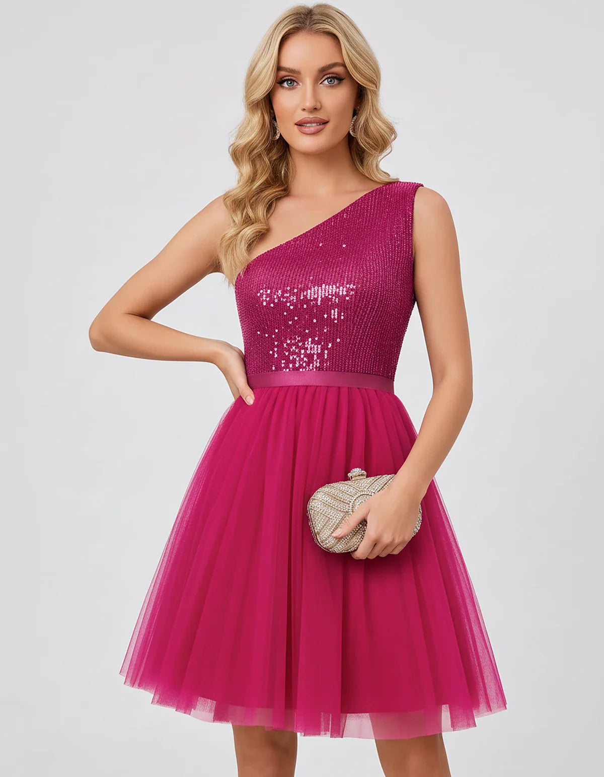 Sequin One-Shoulder Sleeveless A-Line Mini Dress with Layered Tulle for Homecoming, Graduation, Cocktail, Party, Evening & We | SKU: CMD-583917462850174-HOTPINK-L,CMD-583917462850174-HOTPINK-M,CMD-583917462850174-HOTPINK-S,CMD-583917462850174-HOTPINK-XL,CMD-583917462850174-HOTPINK-XS