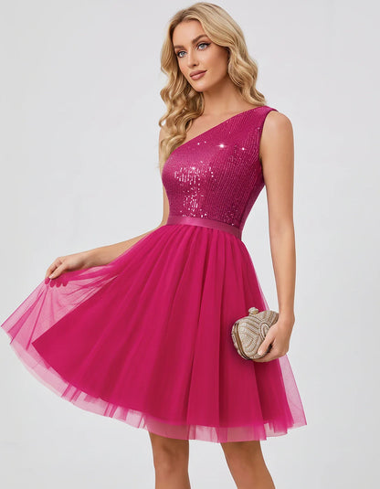Sequin One-Shoulder Sleeveless A-Line Mini Dress with Layered Tulle for Homecoming, Graduation, Cocktail, Party, Evening & We | SKU: CMD-583917462850174-HOTPINK-L,CMD-583917462850174-HOTPINK-M,CMD-583917462850174-HOTPINK-S,CMD-583917462850174-HOTPINK-XL,CMD-583917462850174-HOTPINK-XS
