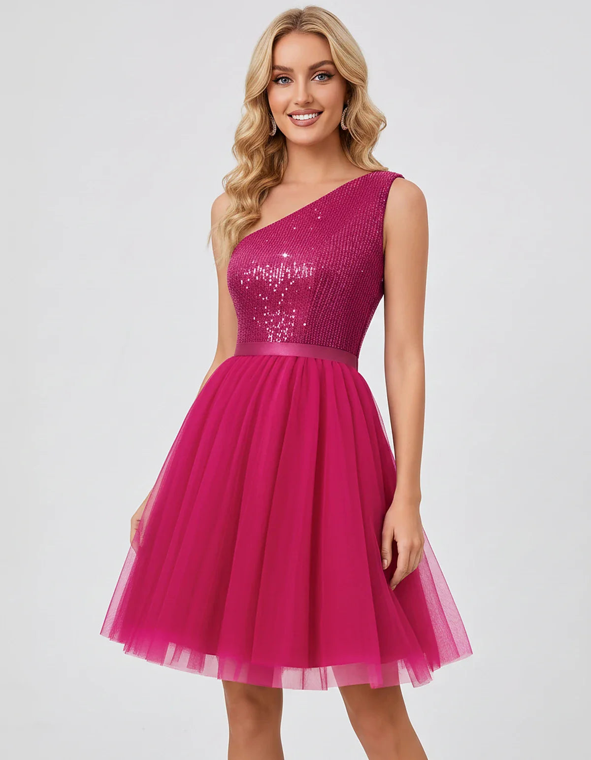Sequin One-Shoulder Sleeveless A-Line Mini Dress with Layered Tulle for Homecoming, Graduation, Cocktail, Party, Evening & We | SKU: CMD-583917462850174-HOTPINK-L,CMD-583917462850174-HOTPINK-M,CMD-583917462850174-HOTPINK-S,CMD-583917462850174-HOTPINK-XL,CMD-583917462850174-HOTPINK-XS