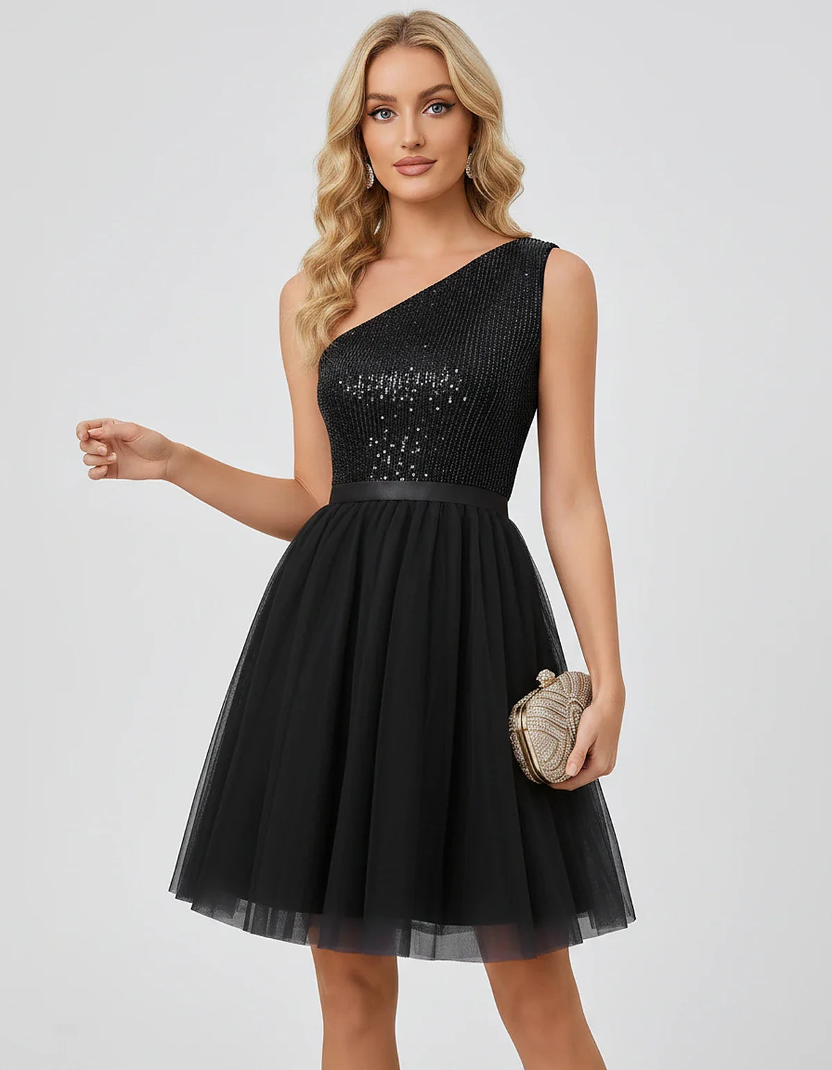 Sequin One-Shoulder Sleeveless A-Line Mini Dress with Layered Tulle for Homecoming, Graduation, Cocktail, Party, Evening & We | SKU: CMD-583917462850174-BLACK-L,CMD-583917462850174-BLACK-M,CMD-583917462850174-BLACK-S,CMD-583917462850174-BLACK-XL,CMD-583917462850174-BLACK-XS