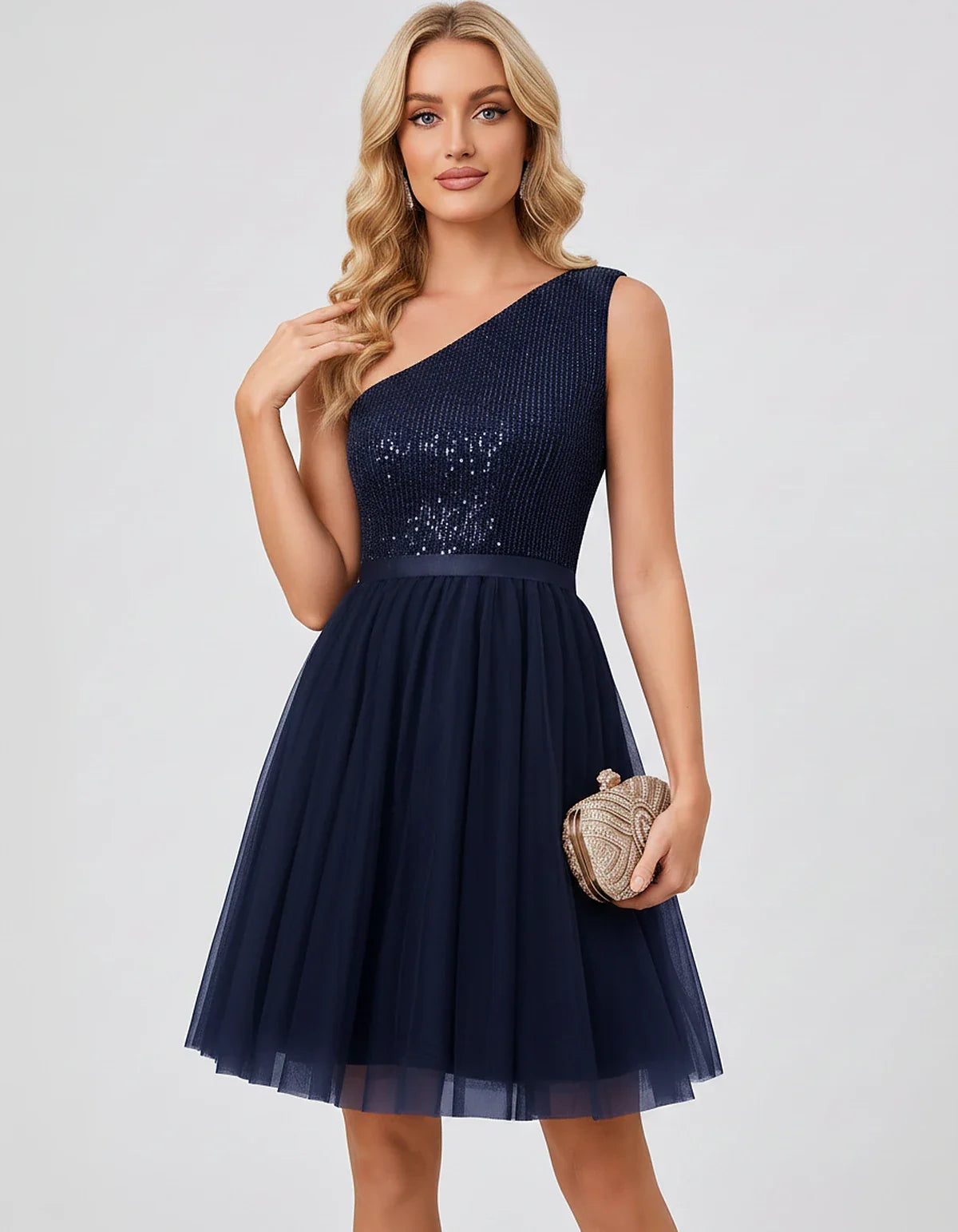 Sequin One-Shoulder Sleeveless A-Line Mini Dress with Layered Tulle for Homecoming, Graduation, Cocktail, Party, Evening & We | SKU: CMD-583917462850174-NAVY-L,CMD-583917462850174-NAVY-M,CMD-583917462850174-NAVY-S,CMD-583917462850174-NAVY-XL,CMD-583917462850174-NAVY-XS