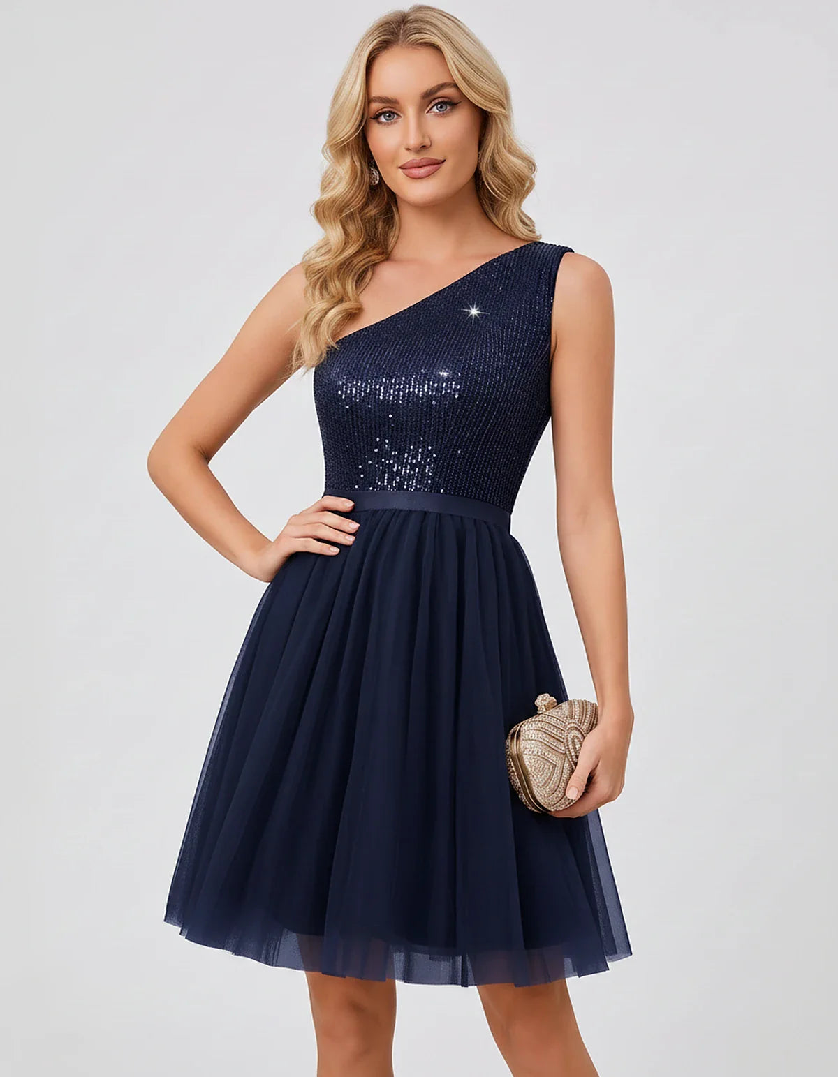 Sequin One-Shoulder Sleeveless A-Line Mini Dress with Layered Tulle for Homecoming, Graduation, Cocktail, Party, Evening & We | SKU: CMD-583917462850174-NAVY-L,CMD-583917462850174-NAVY-M,CMD-583917462850174-NAVY-S,CMD-583917462850174-NAVY-XL,CMD-583917462850174-NAVY-XS