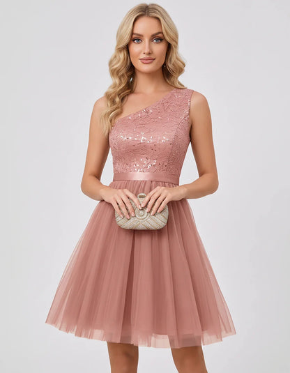 Sequin One-Shoulder Sleeveless A-Line Mini Dress with Layered Tulle for Homecoming, Graduation, Cocktail, Party, Evening & We | SKU: CMD-583917462850174-BLUSH-L,CMD-583917462850174-BLUSH-M,CMD-583917462850174-BLUSH-S,CMD-583917462850174-BLUSH-XL,CMD-583917462850174-BLUSH-XS