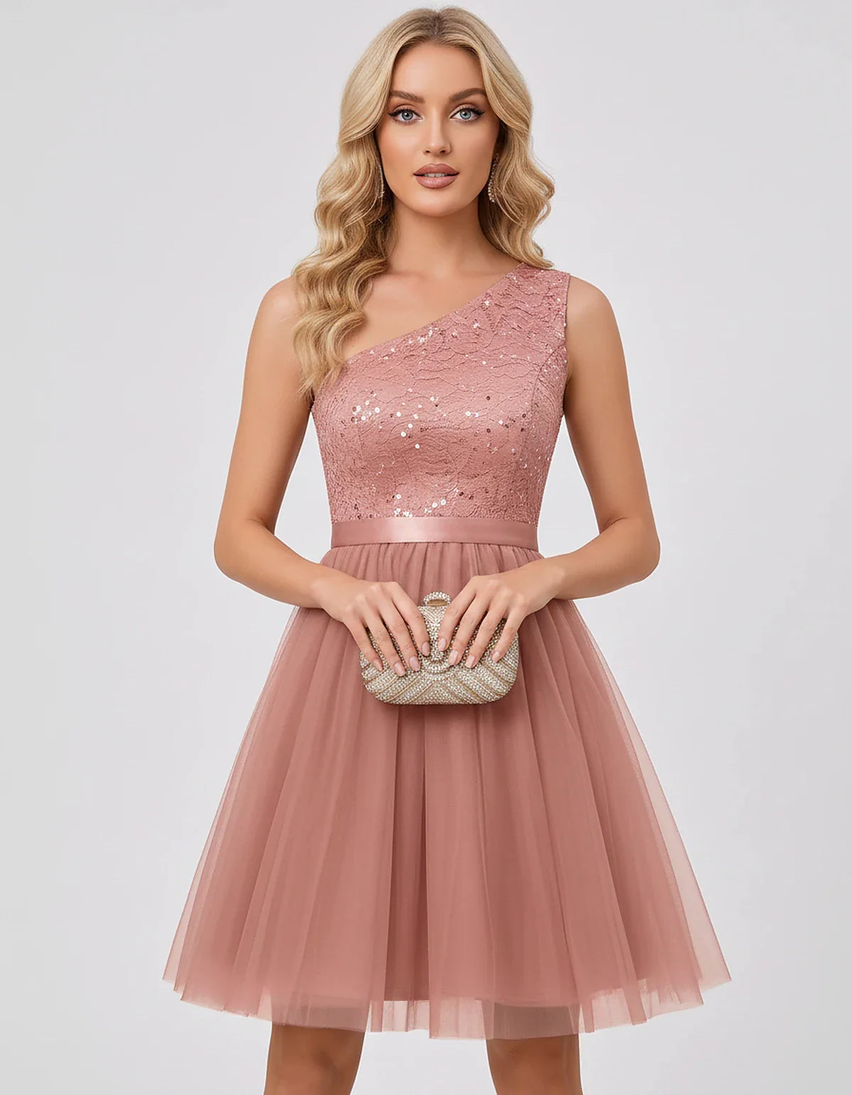 Sequin One-Shoulder Sleeveless A-Line Mini Dress with Layered Tulle for Homecoming, Graduation, Cocktail, Party, Evening & We | SKU: CMD-583917462850174-BLUSH-L,CMD-583917462850174-BLUSH-M,CMD-583917462850174-BLUSH-S,CMD-583917462850174-BLUSH-XL,CMD-583917462850174-BLUSH-XS