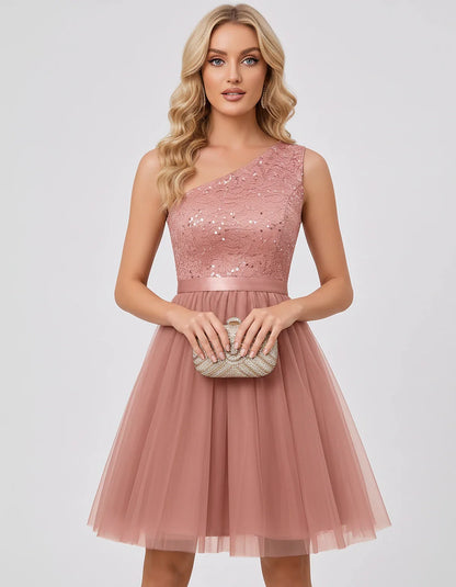 Sequin One-Shoulder Sleeveless A-Line Mini Dress with Layered Tulle for Homecoming, Graduation, Cocktail, Party, Evening & We | SKU: CMD-583917462850174-BLUSH-L,CMD-583917462850174-BLUSH-M,CMD-583917462850174-BLUSH-S,CMD-583917462850174-BLUSH-XL,CMD-583917462850174-BLUSH-XS