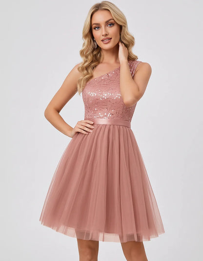 Sequin One-Shoulder Sleeveless A-Line Mini Dress with Layered Tulle for Homecoming, Graduation, Cocktail, Party, Evening & We | SKU: CMD-583917462850174-BLUSH-L,CMD-583917462850174-BLUSH-M,CMD-583917462850174-BLUSH-S,CMD-583917462850174-BLUSH-XL,CMD-583917462850174-BLUSH-XS