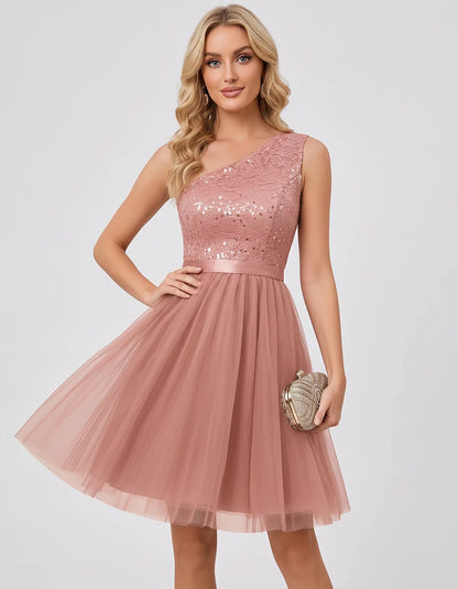 Sequin One-Shoulder Sleeveless A-Line Mini Dress with Layered Tulle for Homecoming, Graduation, Cocktail, Party, Evening & We | SKU: CMD-583917462850174-BLUSH-L,CMD-583917462850174-BLUSH-M,CMD-583917462850174-BLUSH-S,CMD-583917462850174-BLUSH-XL,CMD-583917462850174-BLUSH-XS