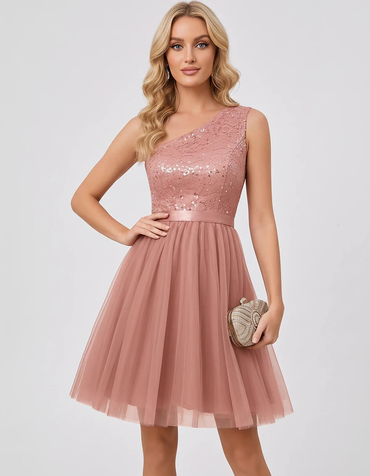 Sequin One-Shoulder Sleeveless A-Line Mini Dress with Layered Tulle for Homecoming, Graduation, Cocktail, Party, Evening & We | SKU: CMD-583917462850174-BLUSH-L,CMD-583917462850174-BLUSH-M,CMD-583917462850174-BLUSH-S,CMD-583917462850174-BLUSH-XL,CMD-583917462850174-BLUSH-XS