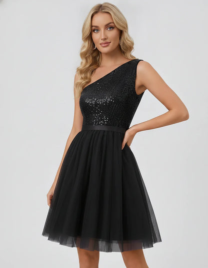 Sequin One-Shoulder Sleeveless A-Line Mini Dress with Layered Tulle for Homecoming, Graduation, Cocktail, Party, Evening & We | SKU: CMD-583917462850174-BLACK-L,CMD-583917462850174-BLACK-M,CMD-583917462850174-BLACK-S,CMD-583917462850174-BLACK-XL,CMD-583917462850174-BLACK-XS