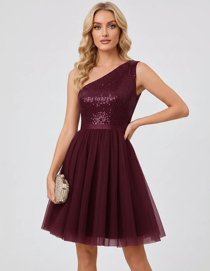 Sequin One-Shoulder Sleeveless A-Line Mini Dress with Layered Tulle for Homecoming, Graduation, Cocktail, Party, Evening & We | SKU: CMD-583917462850174-WINE-L,CMD-583917462850174-WINE-M,CMD-583917462850174-WINE-S,CMD-583917462850174-WINE-XL,CMD-583917462850174-WINE-XS