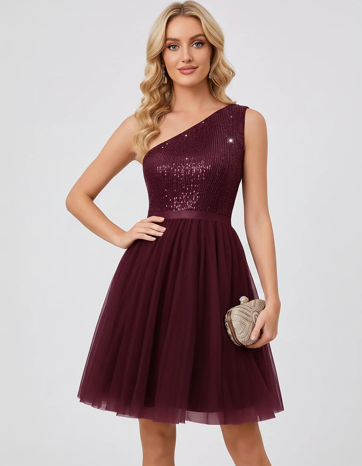 Sequin One-Shoulder Sleeveless A-Line Mini Dress with Layered Tulle for Homecoming, Graduation, Cocktail, Party, Evening & We | SKU: CMD-583917462850174-WINE-L,CMD-583917462850174-WINE-M,CMD-583917462850174-WINE-S,CMD-583917462850174-WINE-XL,CMD-583917462850174-WINE-XS