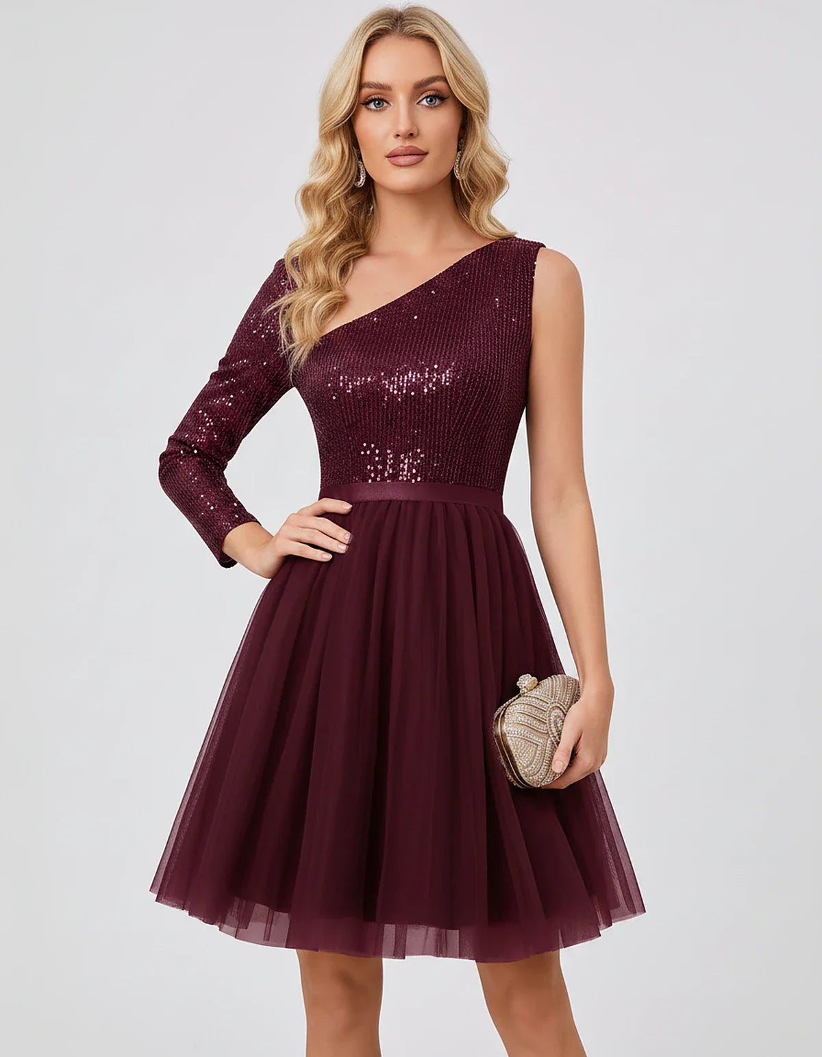 Sequin One-Shoulder Sleeveless A-Line Mini Dress with Layered Tulle for Homecoming, Graduation, Cocktail, Party, Evening & We | SKU: CMD-583917462850174-WINE-L,CMD-583917462850174-WINE-M,CMD-583917462850174-WINE-S,CMD-583917462850174-WINE-XL,CMD-583917462850174-WINE-XS