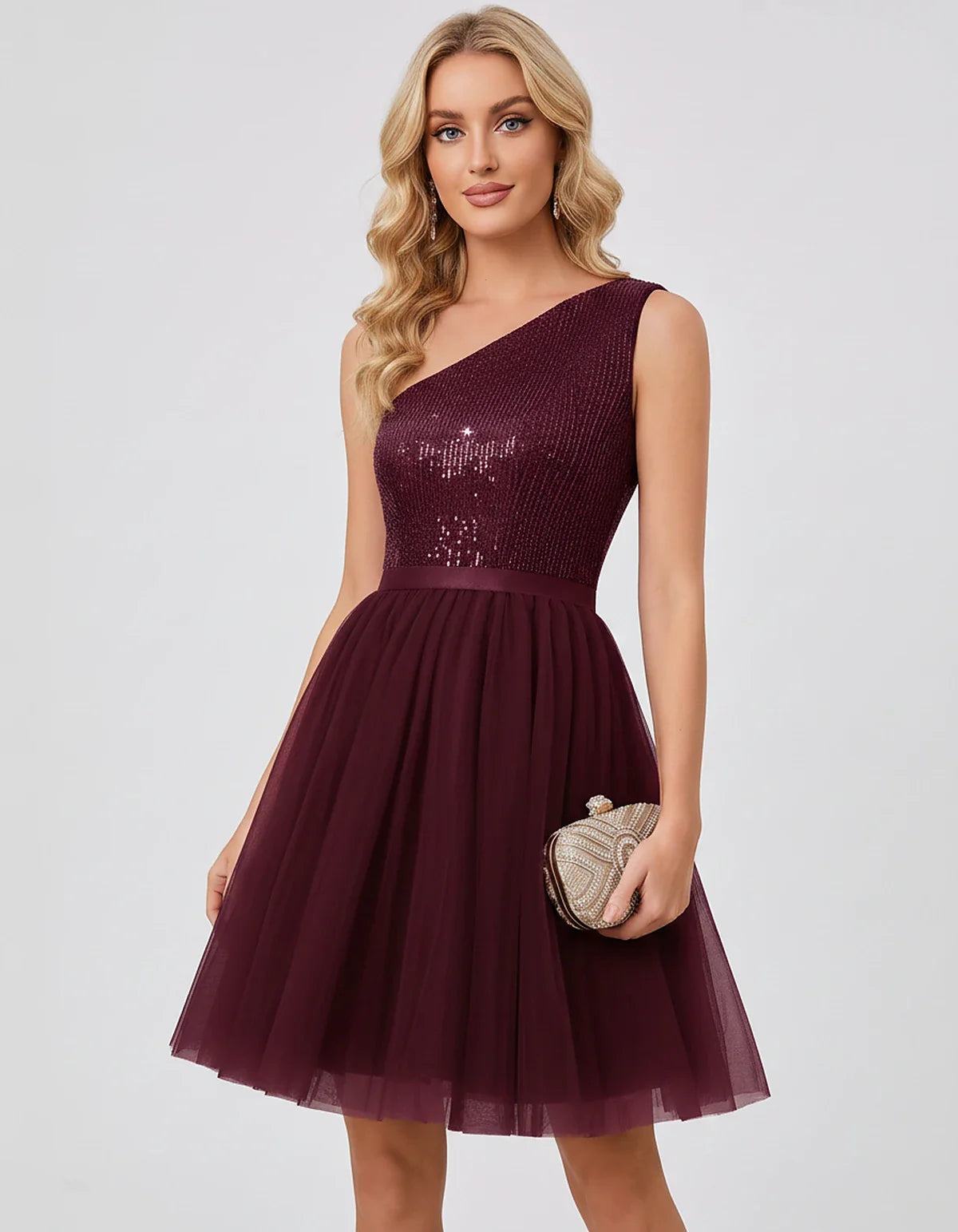 Sequin One-Shoulder Sleeveless A-Line Mini Dress with Layered Tulle for Homecoming, Graduation, Cocktail, Party, Evening & We | SKU: CMD-583917462850174-WINE-L,CMD-583917462850174-WINE-M,CMD-583917462850174-WINE-S,CMD-583917462850174-WINE-XL,CMD-583917462850174-WINE-XS