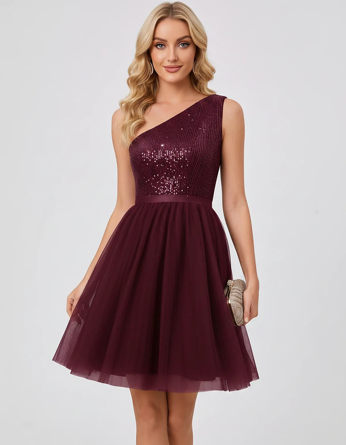 Sequin One-Shoulder Sleeveless A-Line Mini Dress with Layered Tulle for Homecoming, Graduation, Cocktail, Party, Evening & We | SKU: CMD-583917462850174-WINE-L,CMD-583917462850174-WINE-M,CMD-583917462850174-WINE-S,CMD-583917462850174-WINE-XL,CMD-583917462850174-WINE-XS