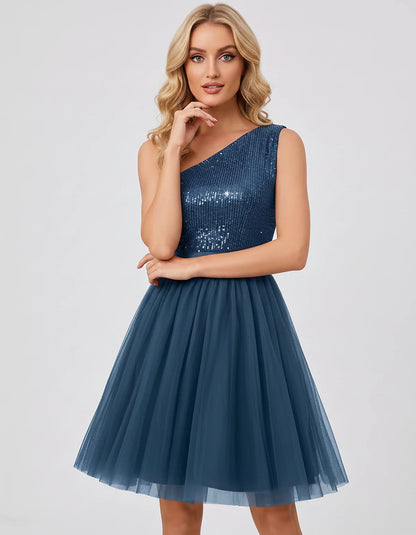 Sequin One-Shoulder Sleeveless A-Line Mini Dress with Layered Tulle for Homecoming, Graduation, Cocktail, Party, Evening & We | SKU: CMD-583917462850174-DUSTYBLUE-L,CMD-583917462850174-DUSTYBLUE-M,CMD-583917462850174-DUSTYBLUE-S,CMD-583917462850174-DUSTYBLUE-XL,CMD-583917462850174-DUSTYBLUE-XS
