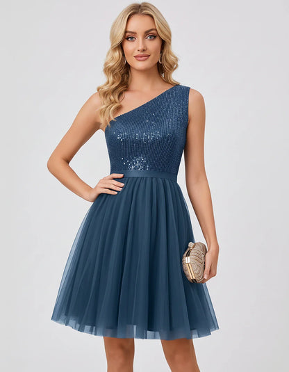 Sequin One-Shoulder Sleeveless A-Line Mini Dress with Layered Tulle for Homecoming, Graduation, Cocktail, Party, Evening & We | SKU: CMD-583917462850174-DUSTYBLUE-L,CMD-583917462850174-DUSTYBLUE-M,CMD-583917462850174-DUSTYBLUE-S,CMD-583917462850174-DUSTYBLUE-XL,CMD-583917462850174-DUSTYBLUE-XS
