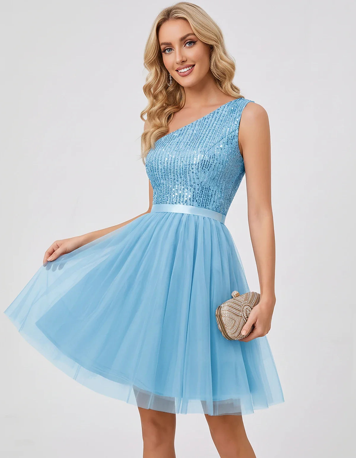 Sequin One-Shoulder Sleeveless A-Line Mini Dress with Layered Tulle for Homecoming, Graduation, Cocktail, Party, Evening & We | SKU: CMD-583917462850174-BLUE-L,CMD-583917462850174-BLUE-M,CMD-583917462850174-BLUE-S,CMD-583917462850174-BLUE-XL,CMD-583917462850174-BLUE-XS