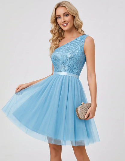 Sequin One-Shoulder Sleeveless A-Line Mini Dress with Layered Tulle for Homecoming, Graduation, Cocktail, Party, Evening & We | SKU: CMD-583917462850174-BLUE-L,CMD-583917462850174-BLUE-M,CMD-583917462850174-BLUE-S,CMD-583917462850174-BLUE-XL,CMD-583917462850174-BLUE-XS