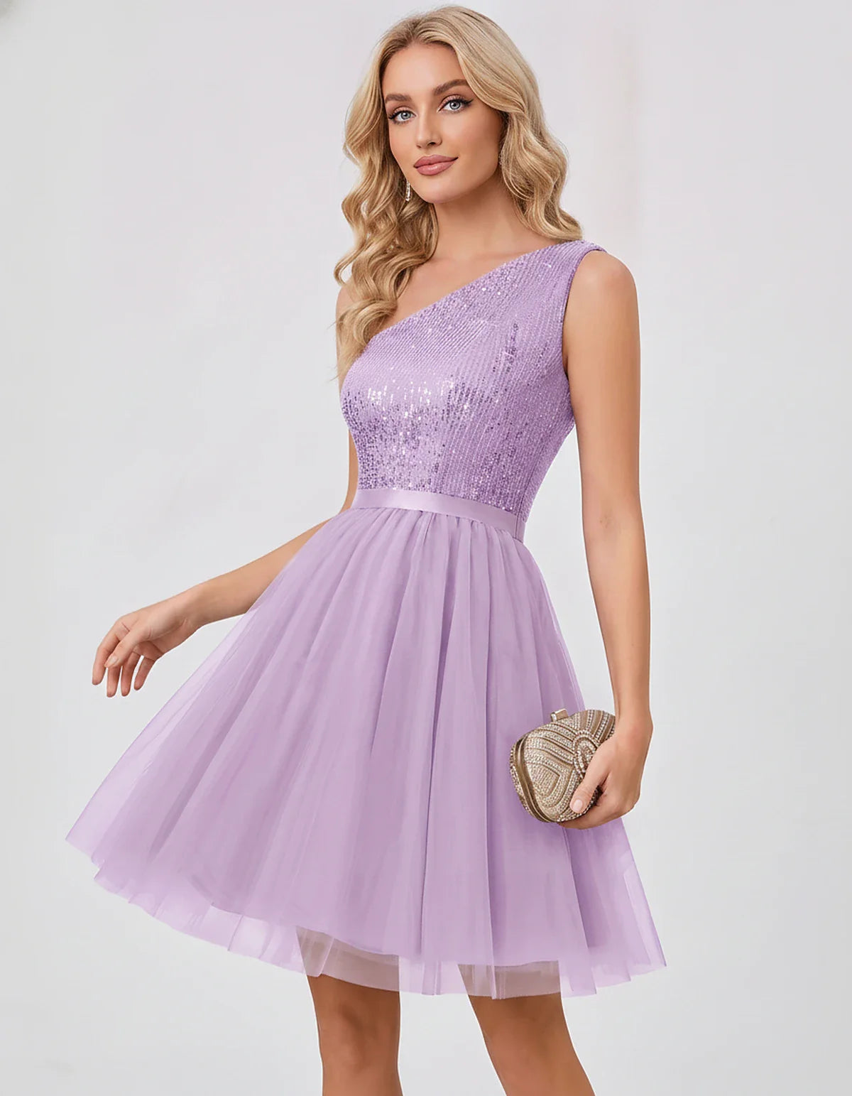 Sequin One-Shoulder Sleeveless A-Line Mini Dress with Layered Tulle for Homecoming, Graduation, Cocktail, Party, Evening & We | SKU: CMD-583917462850174-LAVENDER-L,CMD-583917462850174-LAVENDER-M,CMD-583917462850174-LAVENDER-S,CMD-583917462850174-LAVENDER-XL,CMD-583917462850174-LAVENDER-XS