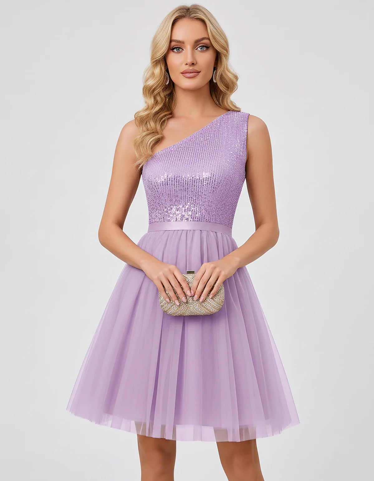 Sequin One-Shoulder Sleeveless A-Line Mini Dress with Layered Tulle for Homecoming, Graduation, Cocktail, Party, Evening & We | SKU: CMD-583917462850174-LAVENDER-L,CMD-583917462850174-LAVENDER-M,CMD-583917462850174-LAVENDER-S,CMD-583917462850174-LAVENDER-XL,CMD-583917462850174-LAVENDER-XS