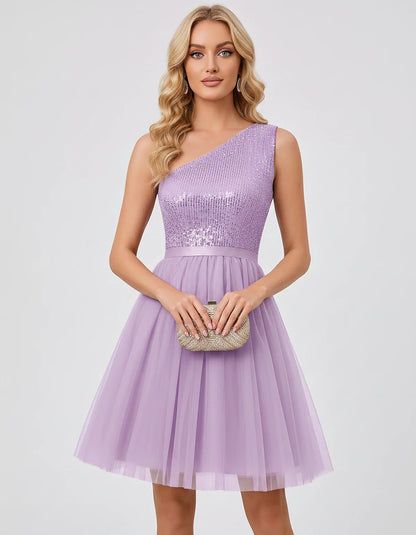 Sequin One-Shoulder Sleeveless A-Line Mini Dress with Layered Tulle for Homecoming, Graduation, Cocktail, Party, Evening & We | SKU: CMD-583917462850174-LAVENDER-L,CMD-583917462850174-LAVENDER-M,CMD-583917462850174-LAVENDER-S,CMD-583917462850174-LAVENDER-XL,CMD-583917462850174-LAVENDER-XS