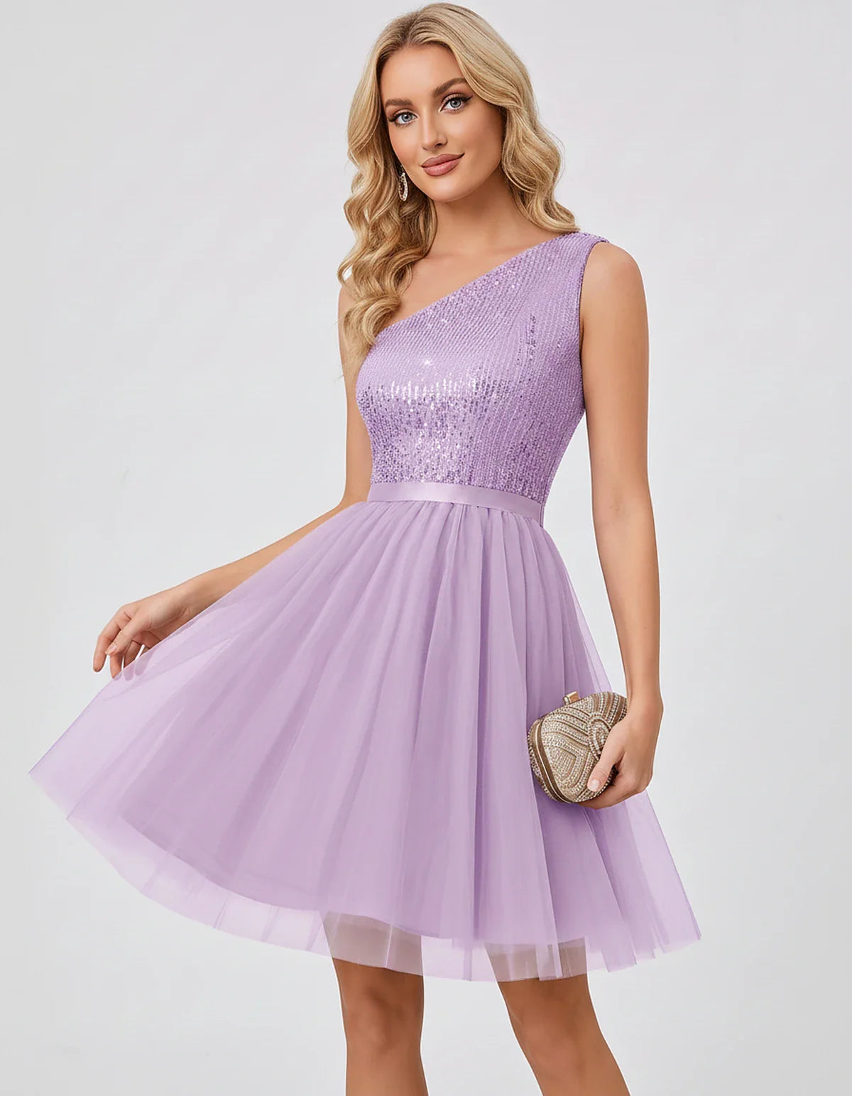 Sequin One-Shoulder Sleeveless A-Line Mini Dress with Layered Tulle for Homecoming, Graduation, Cocktail, Party, Evening & We | SKU: CMD-583917462850174-LAVENDER-L,CMD-583917462850174-LAVENDER-M,CMD-583917462850174-LAVENDER-S,CMD-583917462850174-LAVENDER-XL,CMD-583917462850174-LAVENDER-XS