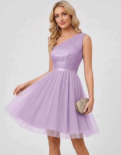 Sequin One-Shoulder Sleeveless A-Line Mini Dress with Layered Tulle for Homecoming, Graduation, Cocktail, Party, Evening & We | SKU: CMD-583917462850174-LAVENDER-L,CMD-583917462850174-LAVENDER-M,CMD-583917462850174-LAVENDER-S,CMD-583917462850174-LAVENDER-XL,CMD-583917462850174-LAVENDER-XS