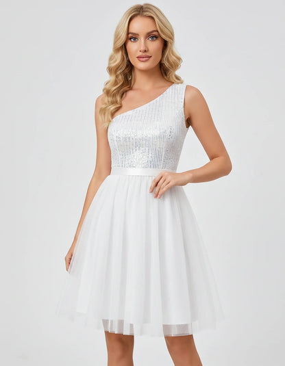 Sequin One-Shoulder Sleeveless A-Line Mini Dress with Layered Tulle for Homecoming, Graduation, Cocktail, Party, Evening & We | SKU: CMD-583917462850174-WHITE-L,CMD-583917462850174-WHITE-M,CMD-583917462850174-WHITE-S,CMD-583917462850174-WHITE-XL,CMD-583917462850174-WHITE-XS